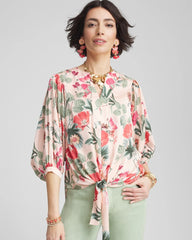 Chico's Discount Coral Blossom Floral Satin Tie-Front Pullover Top