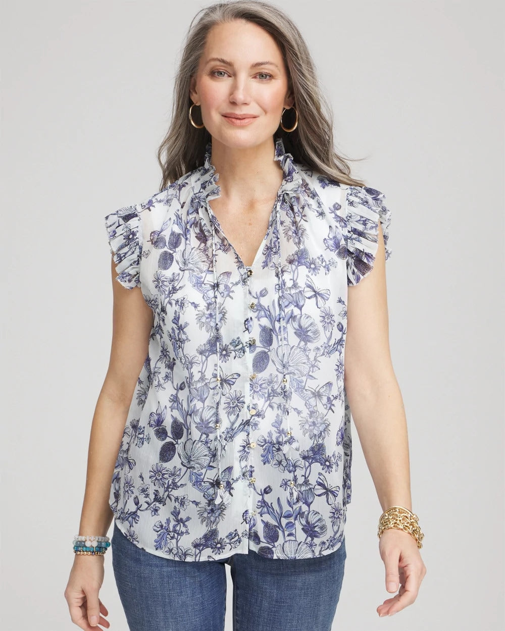 Chico's Sale Pale Turq Blue Butterfly Ruffle Collar Blouse