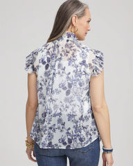 Chico's Sale Pale Turq Blue Butterfly Ruffle Collar Blouse