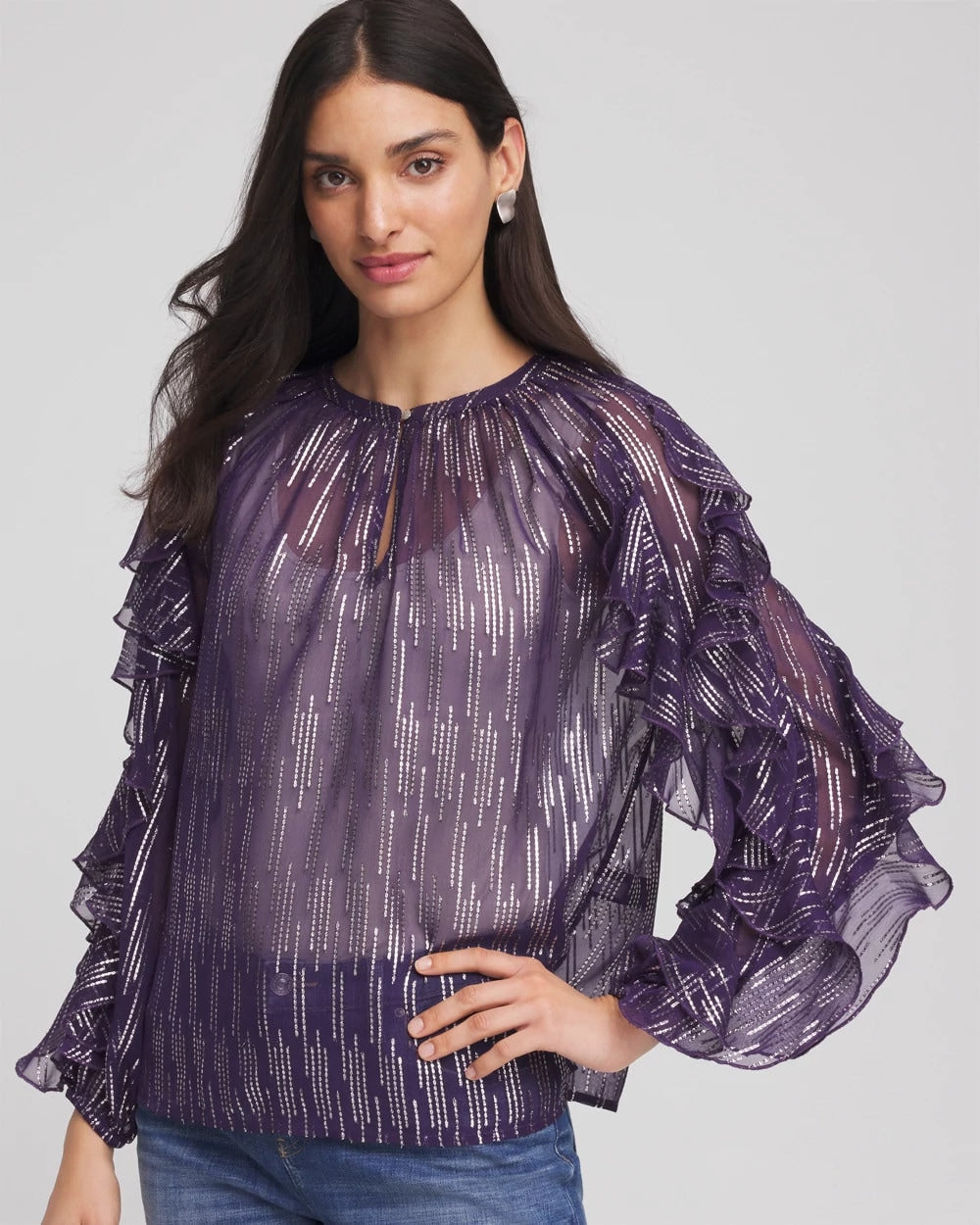 Chico's Discount Purple Elixir Georgette Ruffle Sleeve Blouse