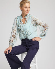Chico's Sale Blue Menthe Floral Georgette Peasant Blouse