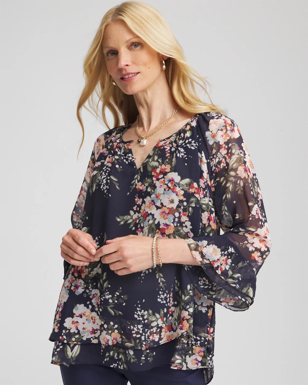 Chico's Sale Passport Blue Floral Georgette Blouse