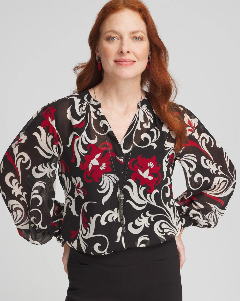 Chico's On Sale Black Crinkle Chiffon Floral Blouse