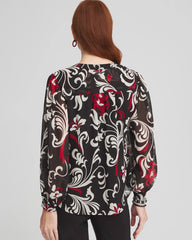 Chico's On Sale Black Crinkle Chiffon Floral Blouse