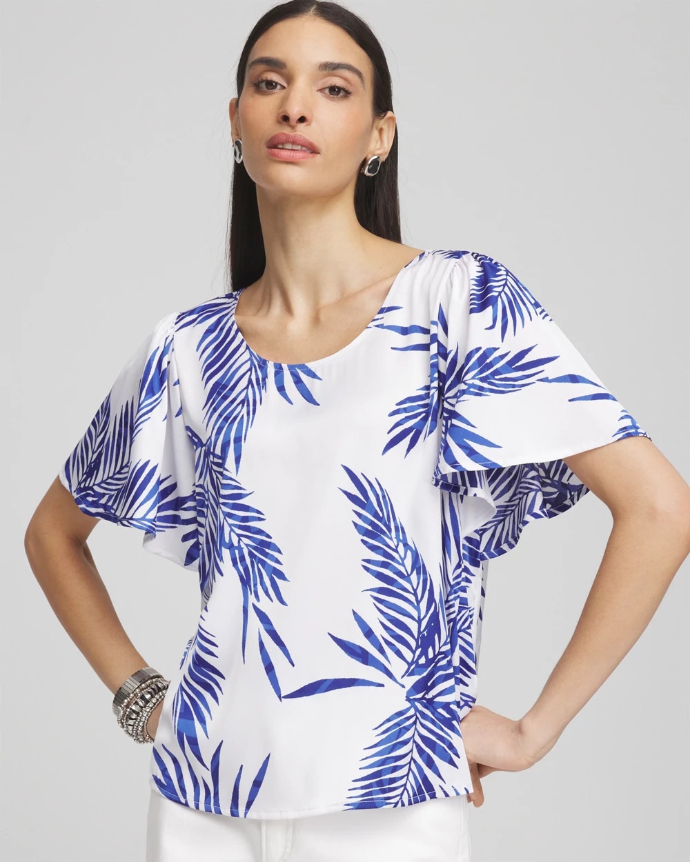 Chico's On Sale Blue Casa Flutter Sleeve Satin Top