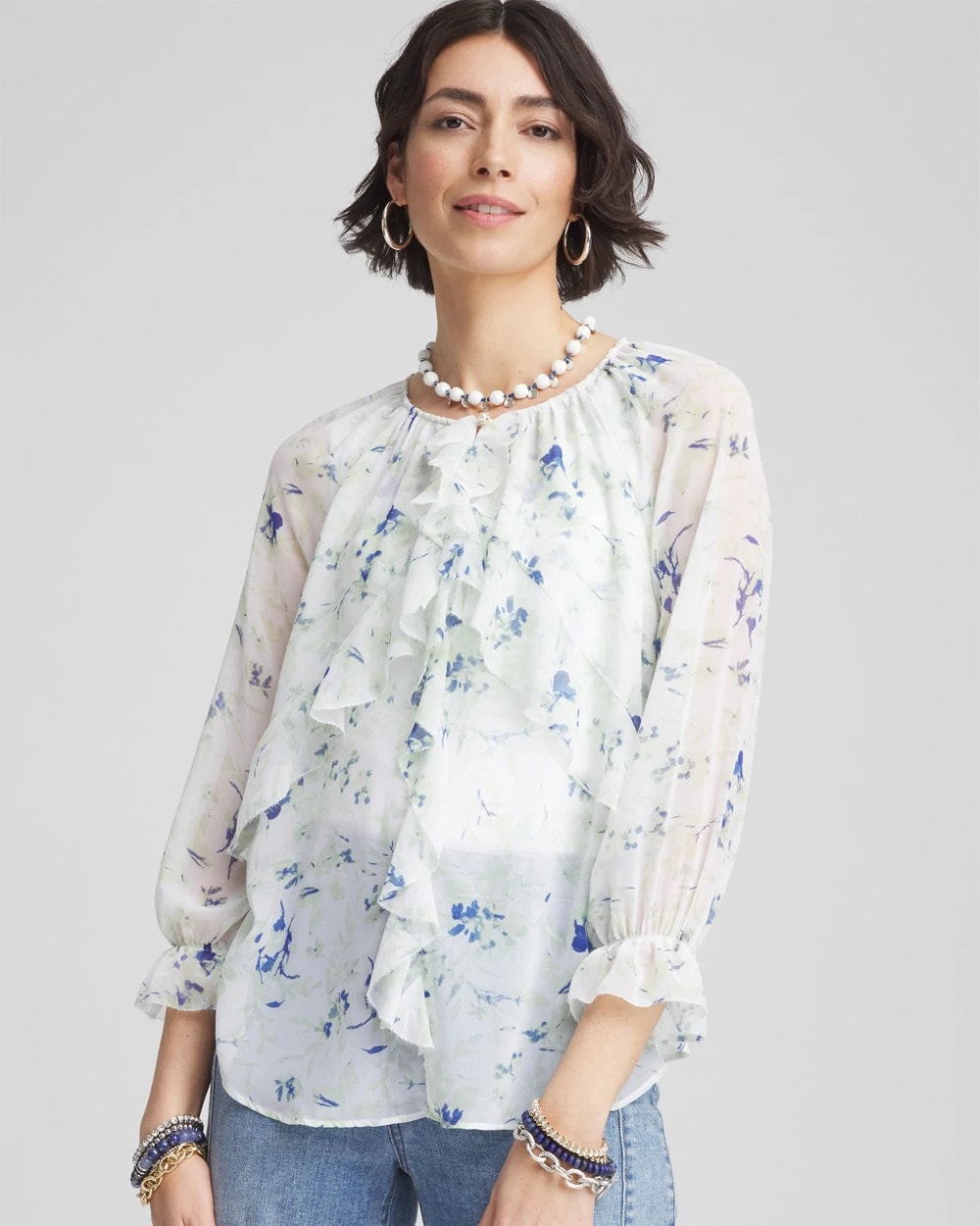 Chico's On Sale Blue Pearl Georgette Sheer Ruffle Blouse