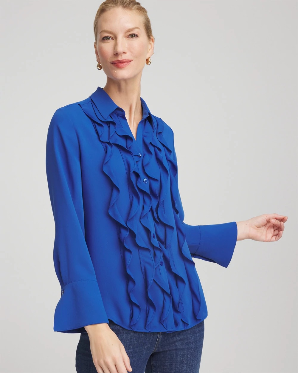 Chico's For Sale Cobalt Stone Ruffle-Trim Chiffon Blouse