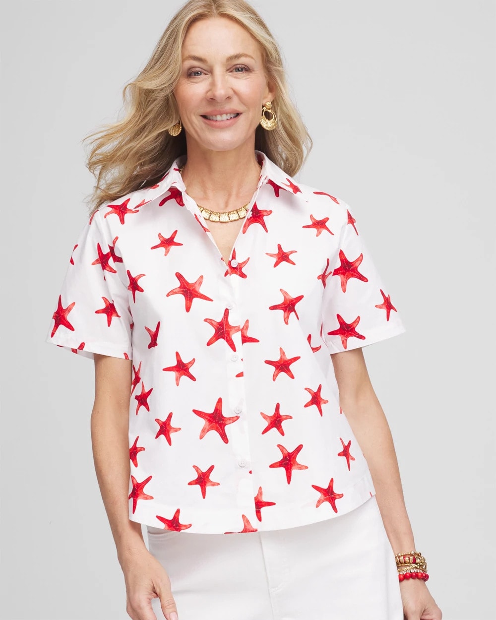 Chico's Sale Red Glow Starfish Short Sleeve Swing Shirt