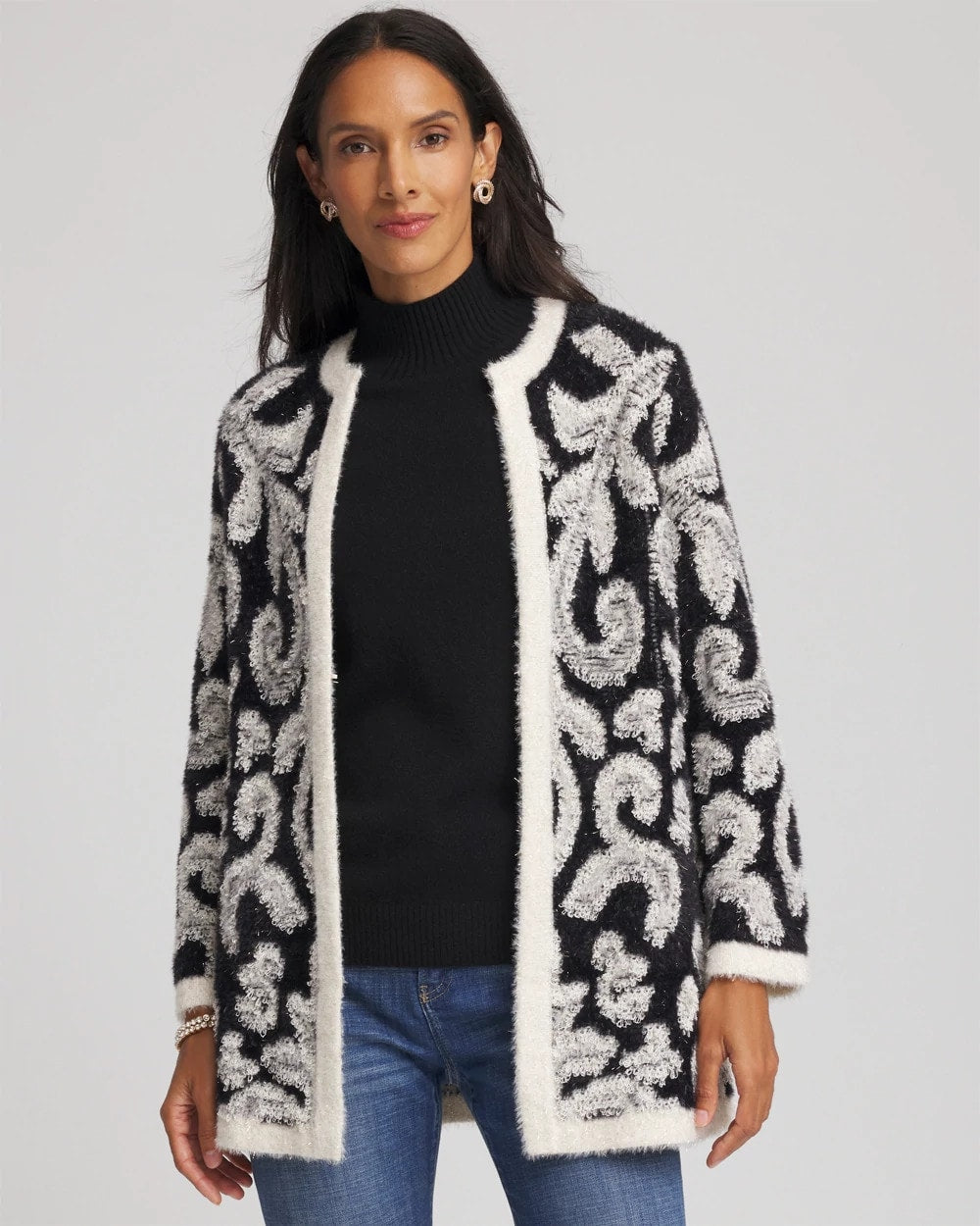 Chico's Outlet Black Abstract Fuzzy Cardigan