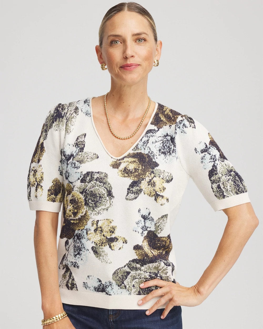 Chico's Outlet English Cream Floral V-Neck Sweater Tee