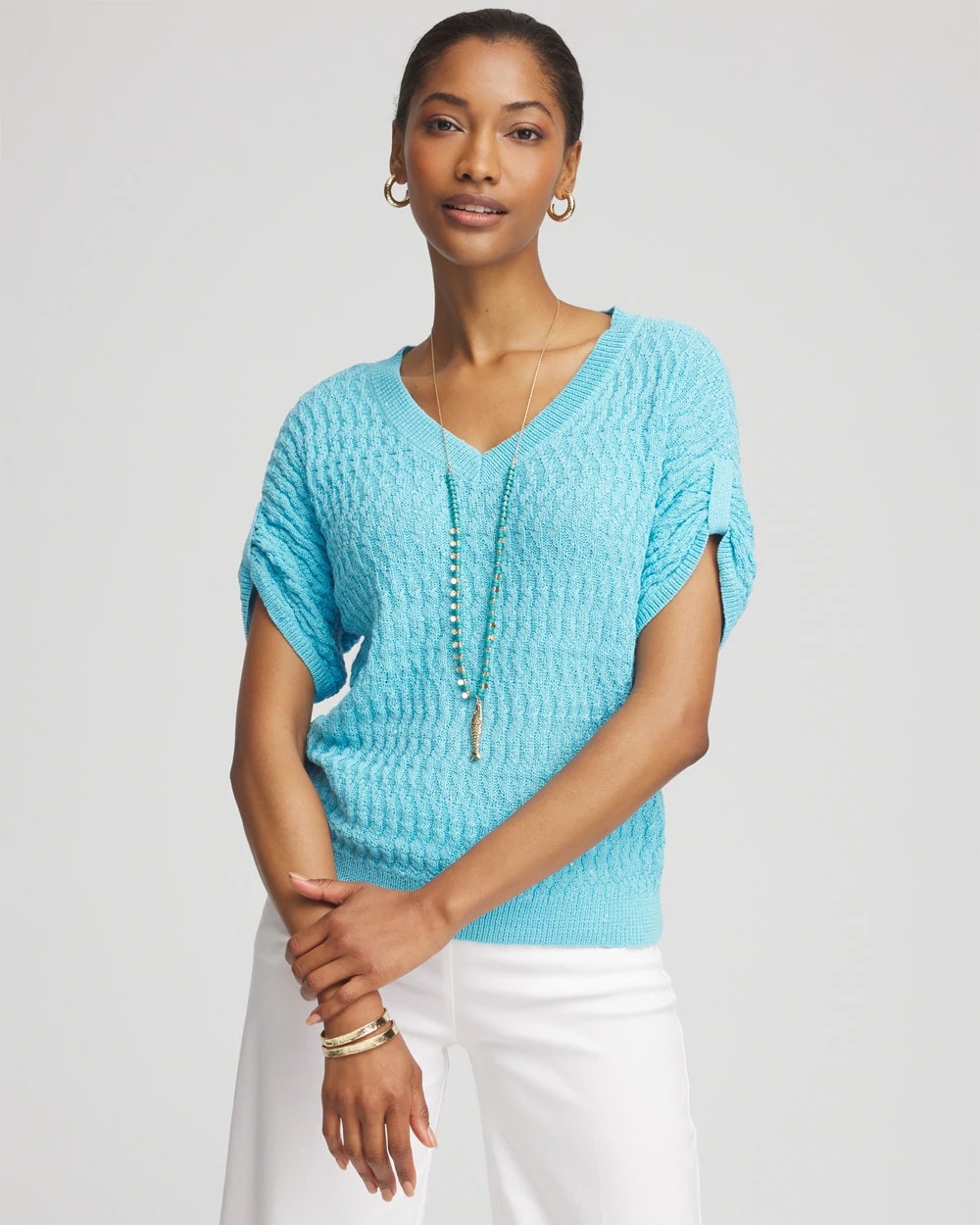 Chico's For Sale Paradiso Blue Sequin V-Neck Pullover Sweater
