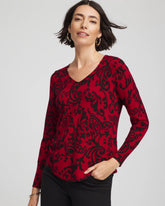 Chico's Discount Carmine Red Ella Printed V-Neck Sweater