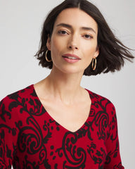 Chico's Discount Carmine Red Ella Printed V-Neck Sweater
