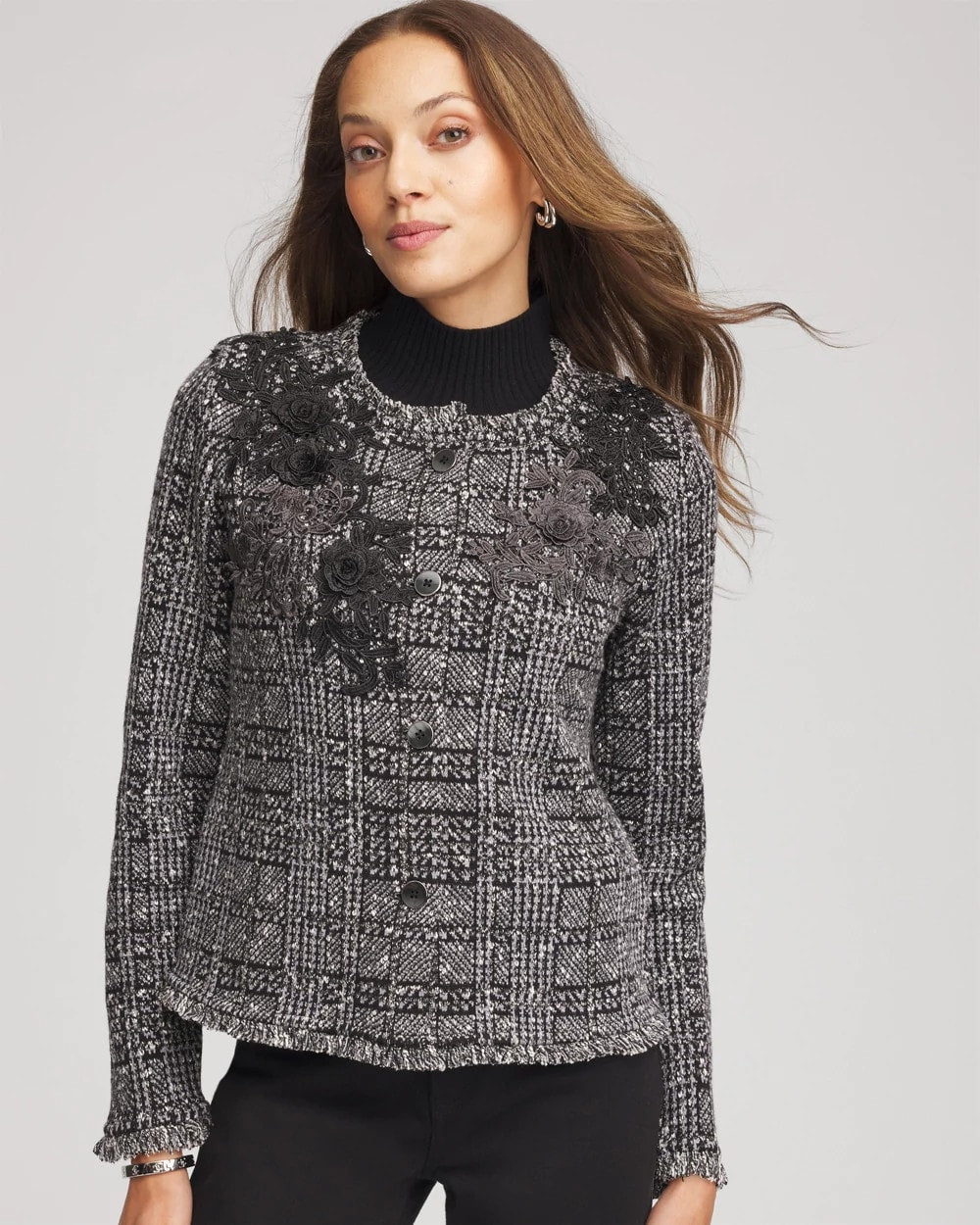 Chico's Outlet Gray Embroidered Metallic Tweed Cardigan
