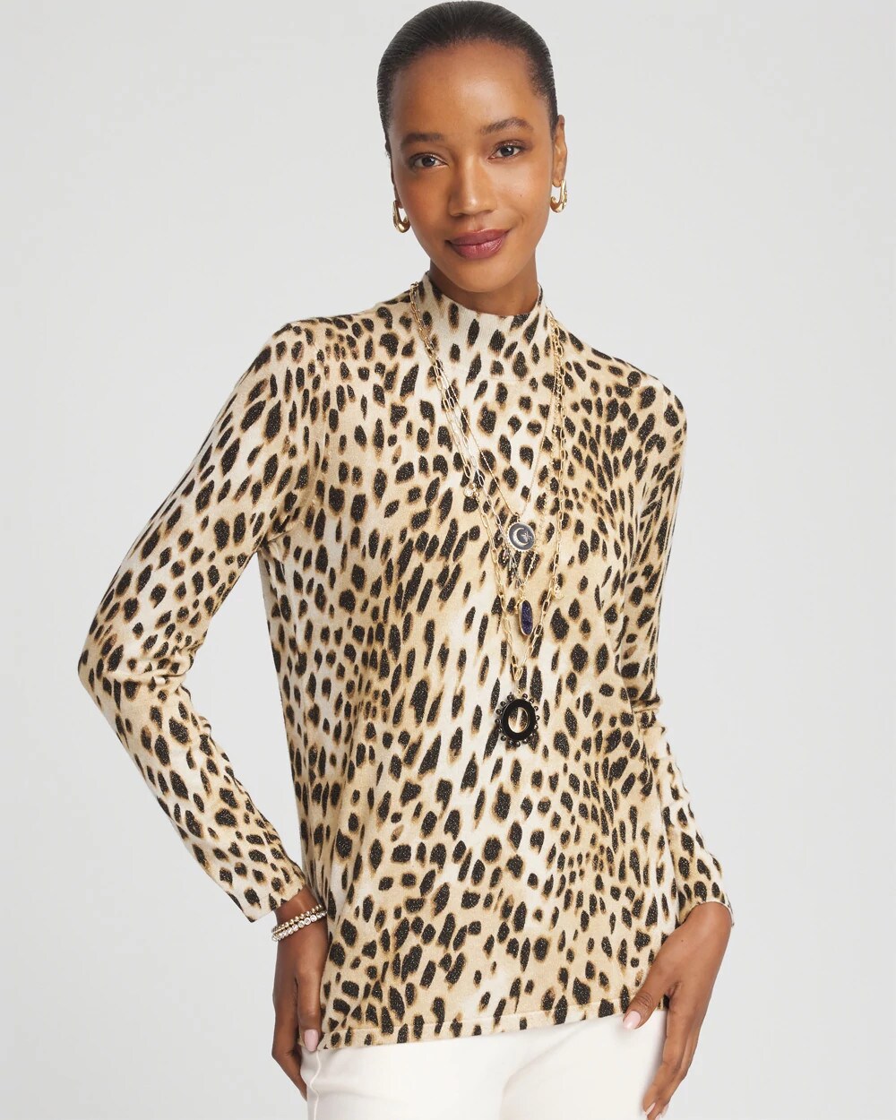 Chico's On Sale English Cream Ella Mockneck Animal-Print Pullover Sweater