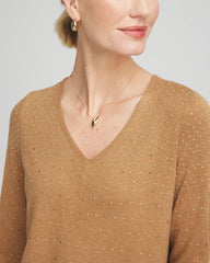 Chico's For Sale Faux Camel Heather Ella V-Neck Embellished Pullover Sweater