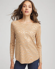 Chico's Online Faux Camel Heather Ella Boatneck Foiled Pullover Sweater