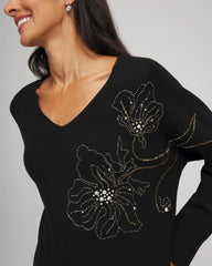 Chico's On Sale Black Floral Embellished Dolman V-Neck Pullover