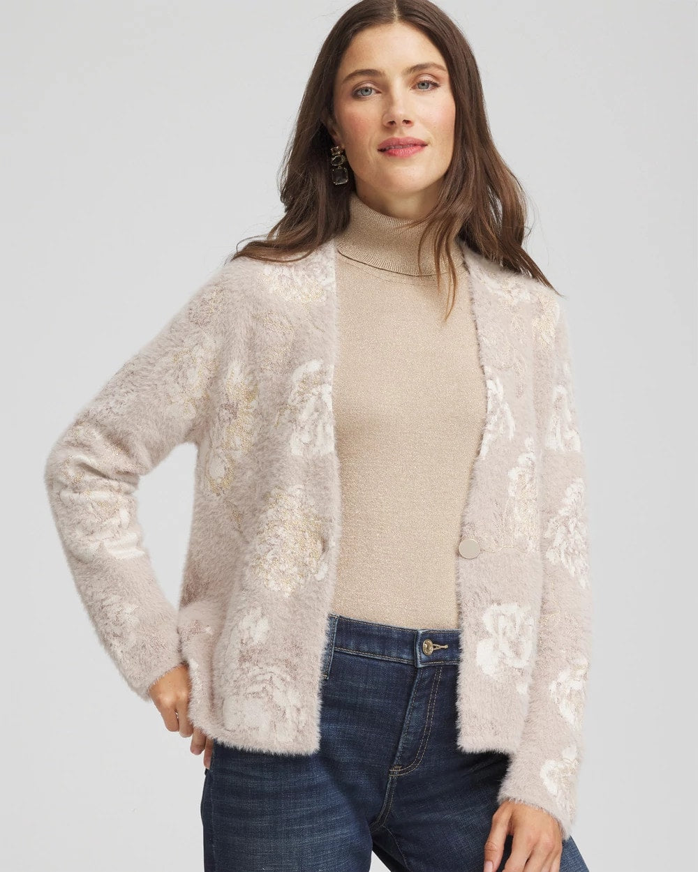 Chico's On Sale English Cream Fuzzy Jacquard Boyfriend Cardigan