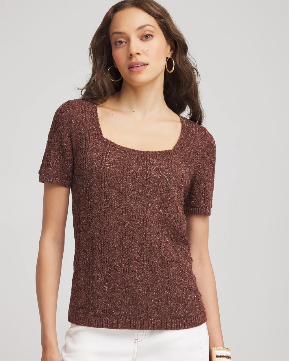 Chico's For Sale Cacao Pointelle Square-Neck Pullover Sweater