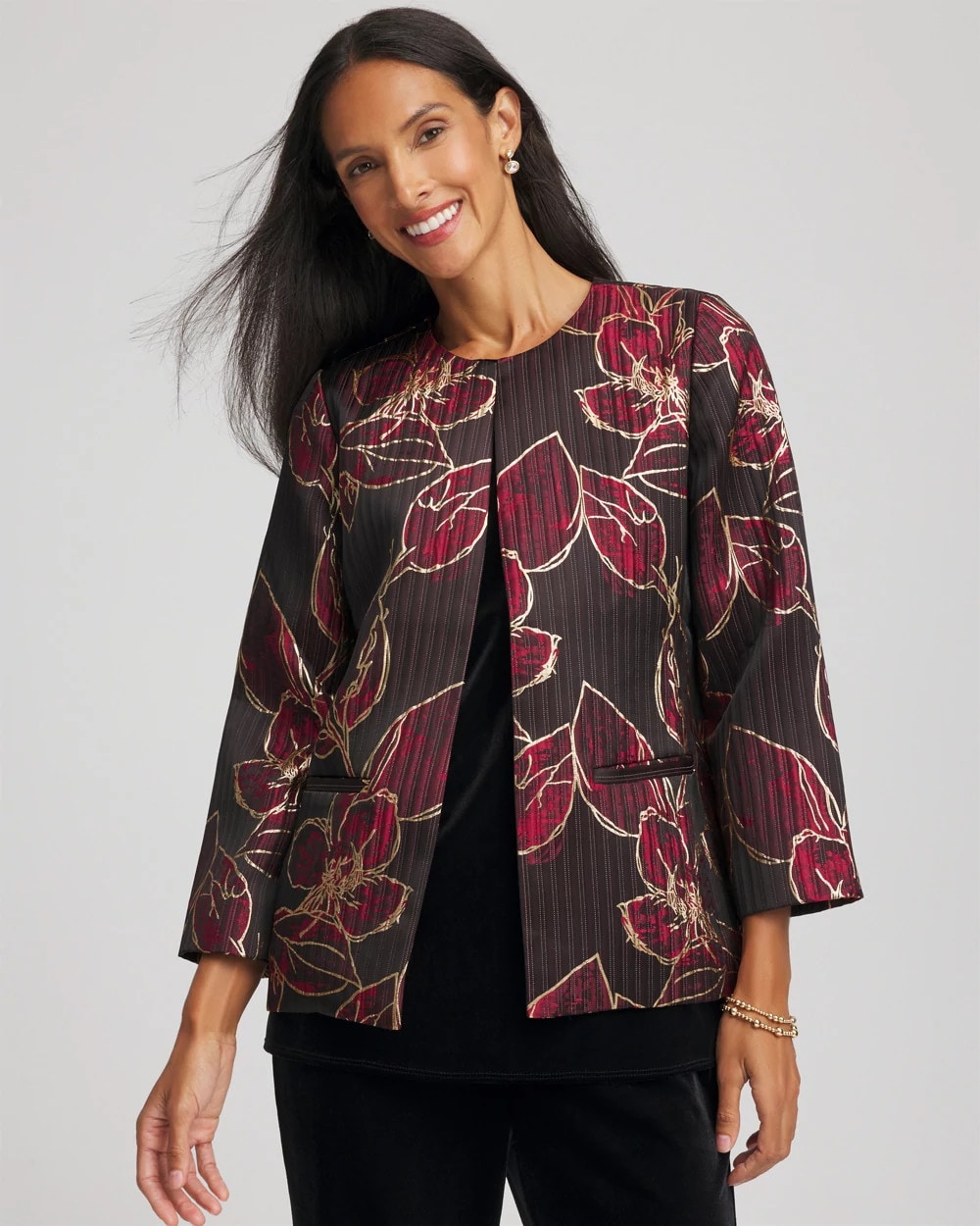 Chico's Online Red Travelers™ Collection Jacquard Foiled Floral Jacket