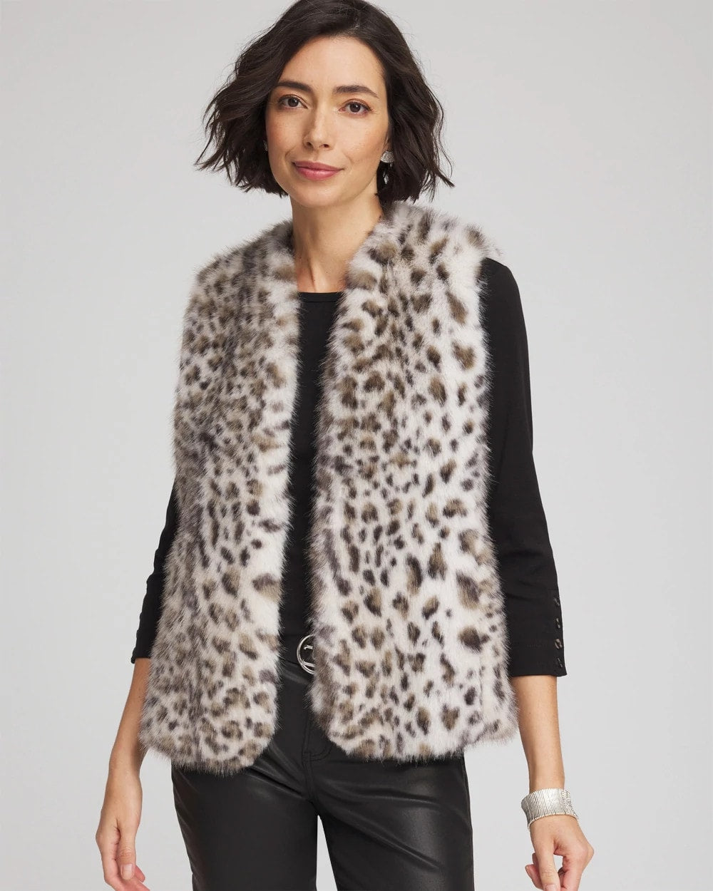 Chico's Online Cream Snow Leopard Faux Fur Vest