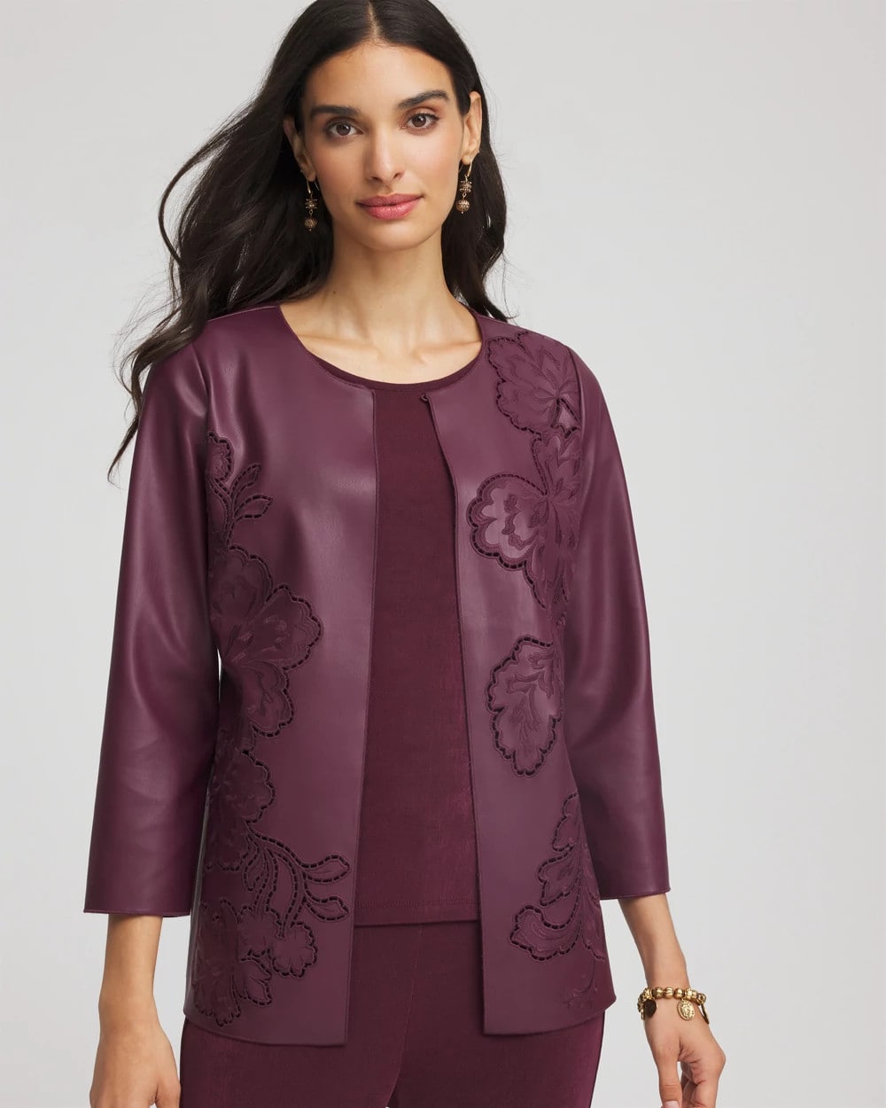 Chico's For Sale Blackened Burgundy Travelers™ Collection Faux Leather Embroidered Jacket