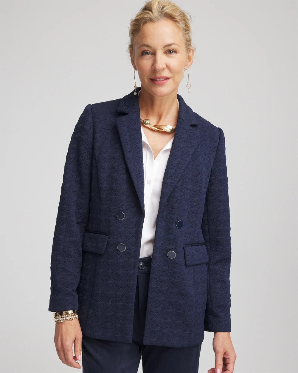Chico's Discount Passport Blue Textured Single-Breasted Knit Blazer