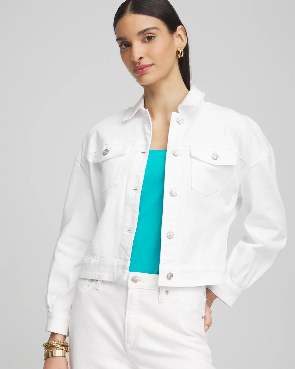 Chico's Discount Alabaster Embroidered Relaxed Denim Jacket