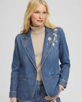 Chico's On Sale Kiruna Indigo Pearl Brooch Denim Blazer