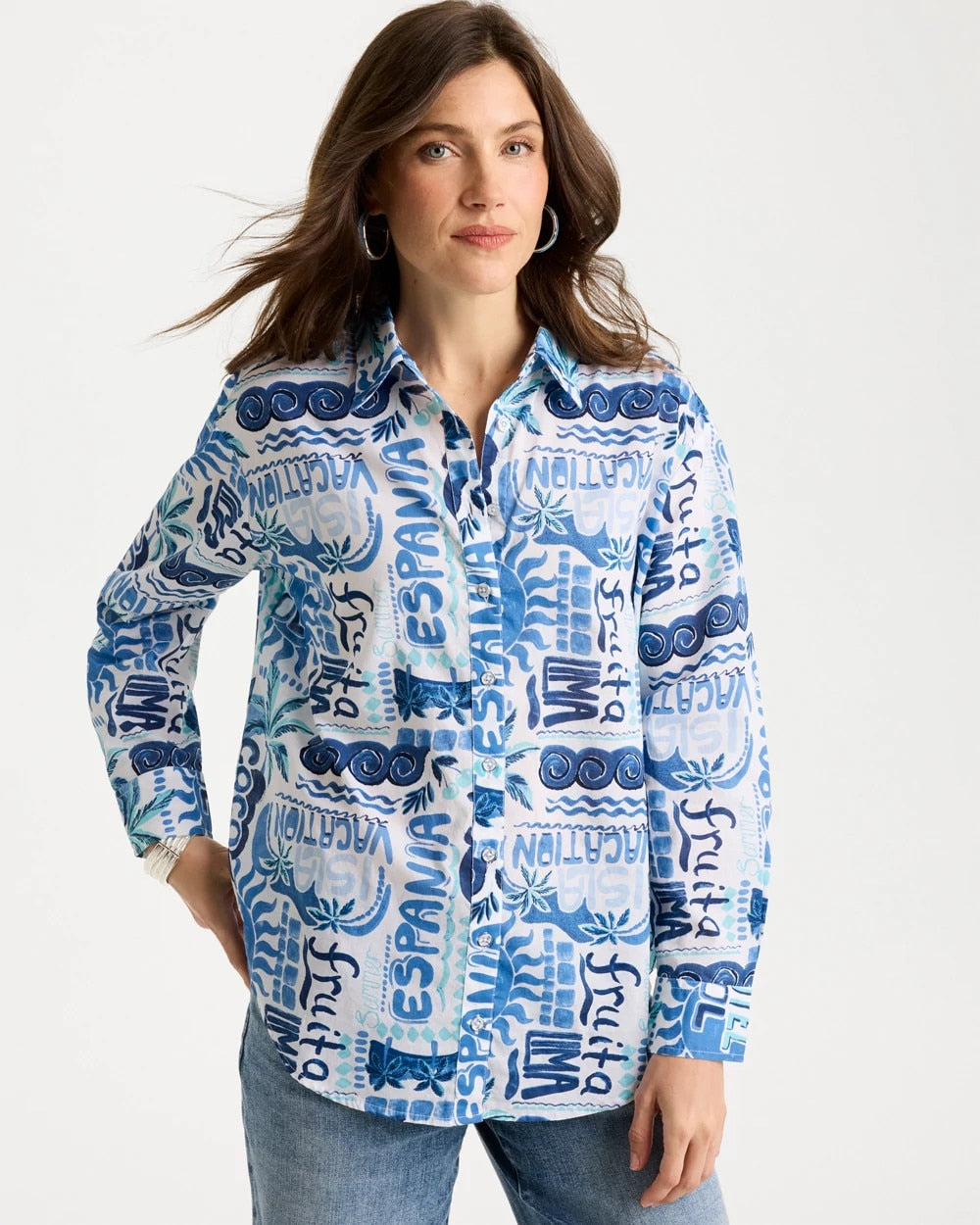 Chico's Online Bondi Blue Cotton Voile Collared Beach Shirt