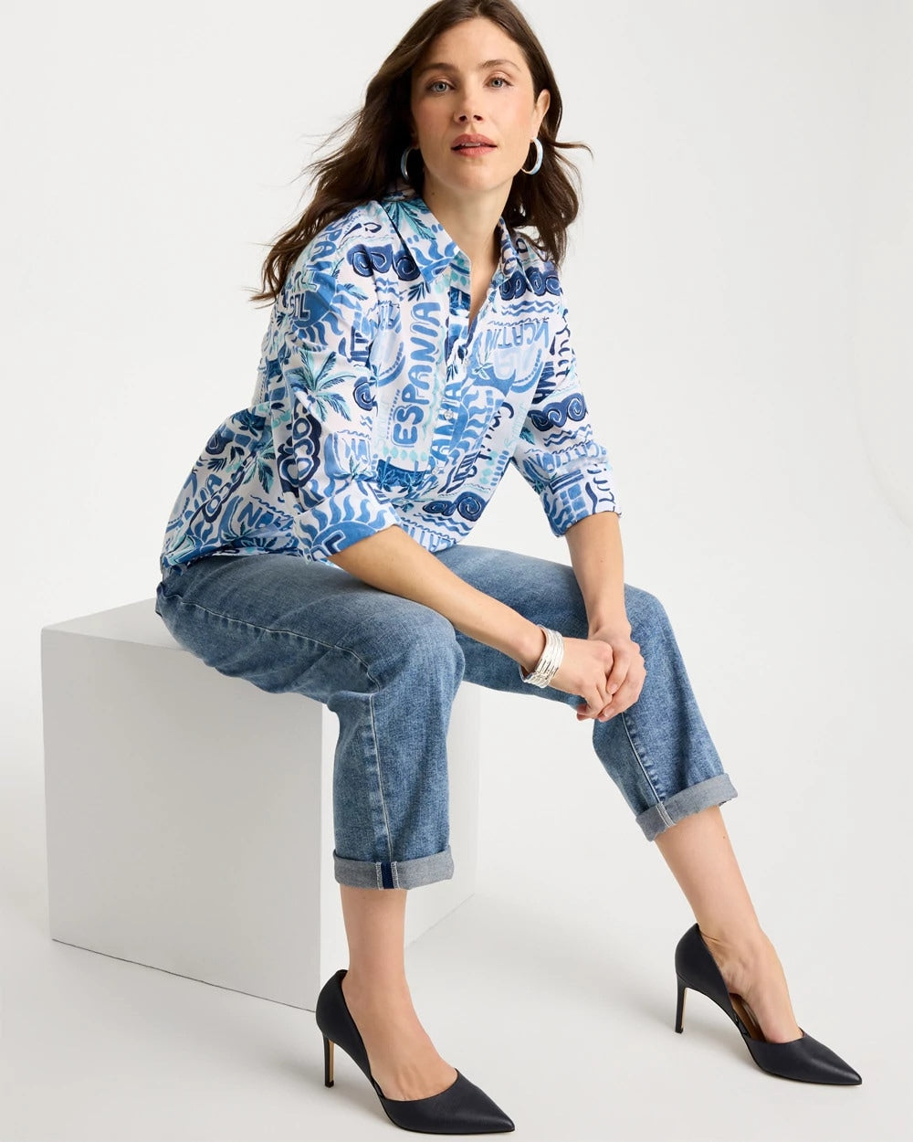 Chico's Online Bondi Blue Cotton Voile Collared Beach Shirt