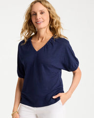 Chico's Sale Passport Blue Linen Ruched V-Neck Tee