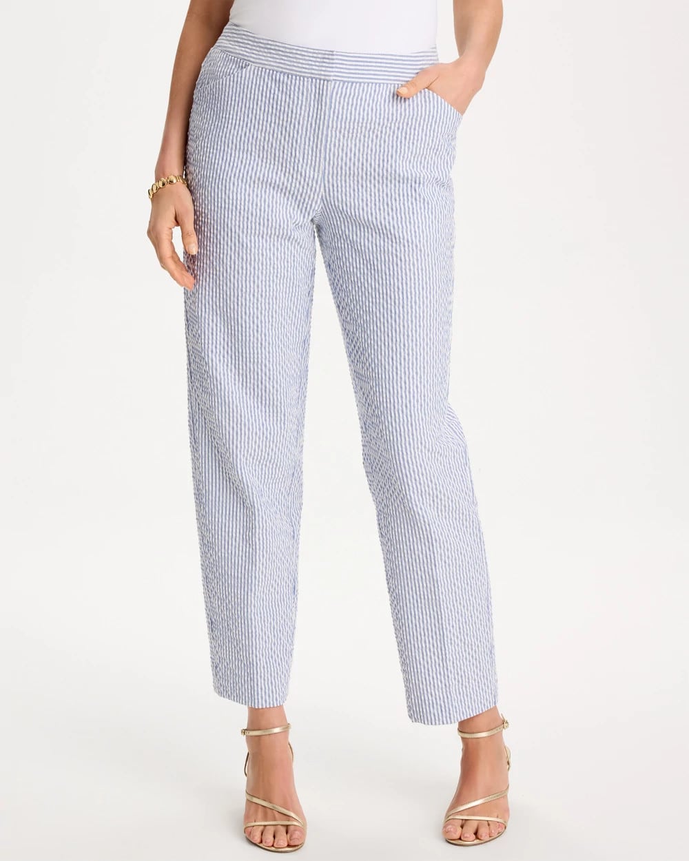 Chico's Outlet Blue Striped Seersucker Straight Ankle Pants