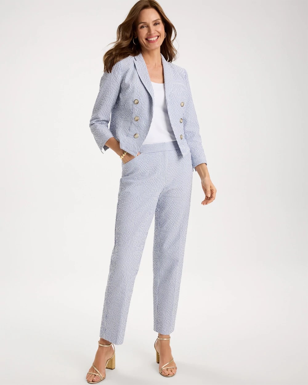 Chico's Outlet Blue Striped Seersucker Straight Ankle Pants