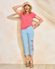Chico's On Sale Blue Stripe Girlfriend Slim Striped Capri Jeans
