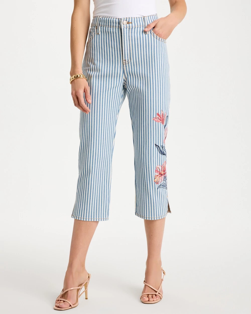 Chico's On Sale Blue Stripe Girlfriend Slim Striped Capri Jeans