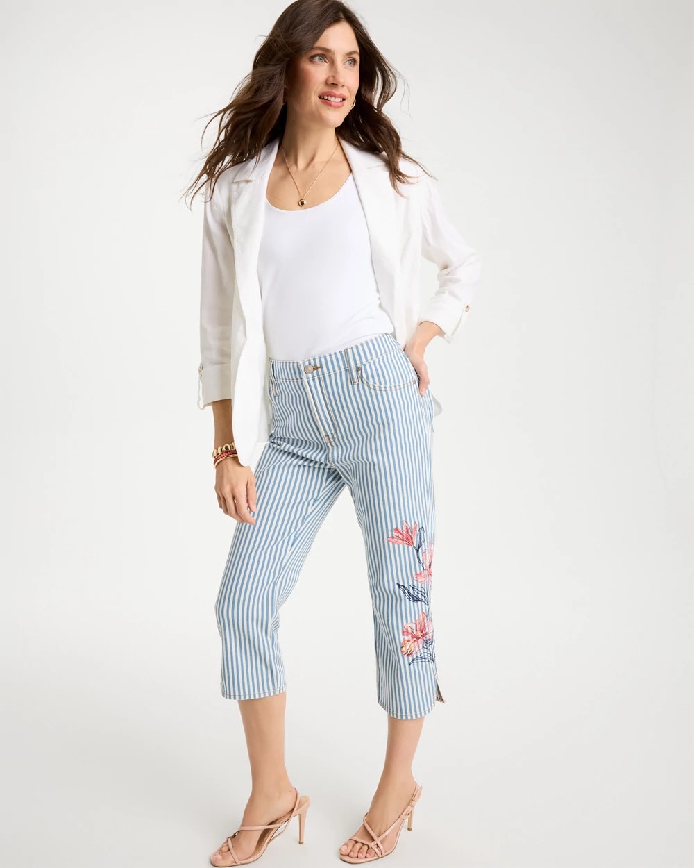 Chico's On Sale Blue Stripe Girlfriend Slim Striped Capri Jeans