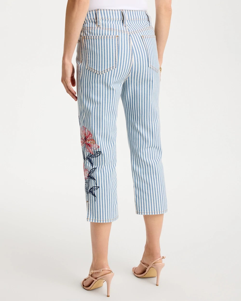 Chico's On Sale Blue Stripe Girlfriend Slim Striped Capri Jeans