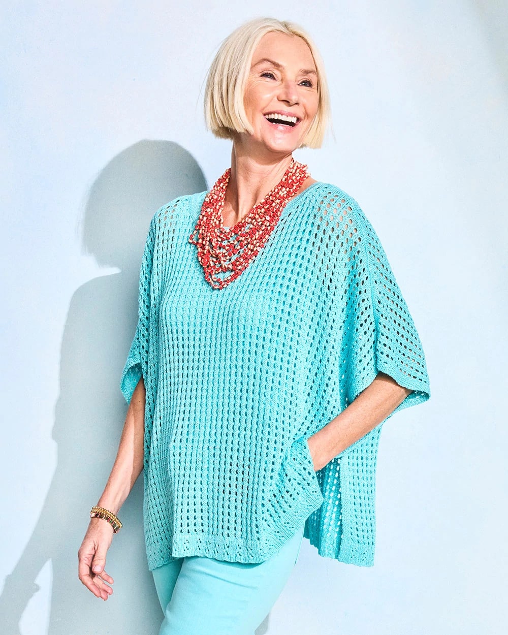 Chico's Outlet Bondi Blue Lurex Open-Stitch Sweater Poncho