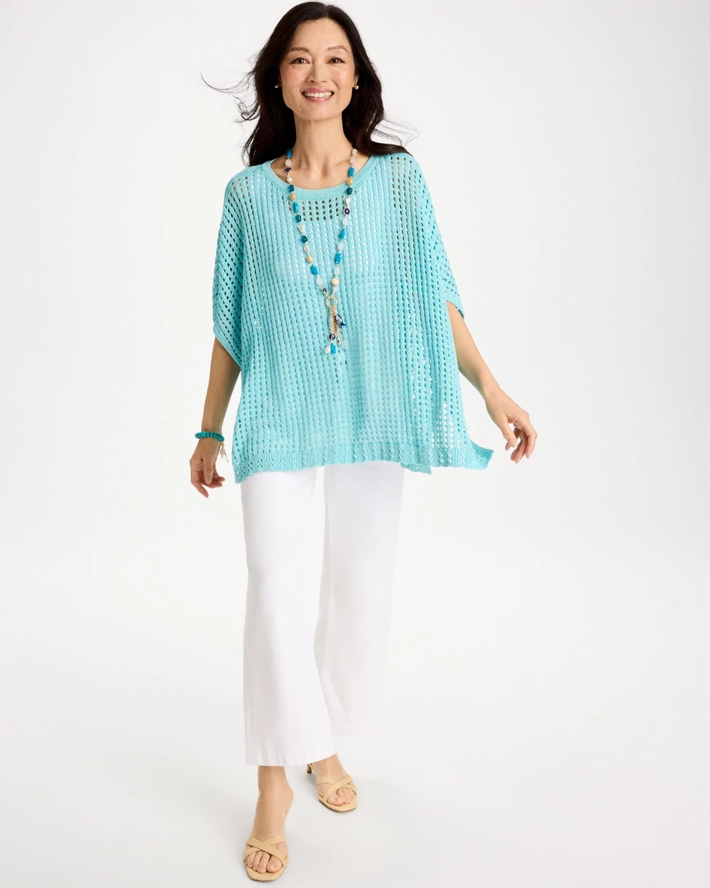 Chico's Outlet Bondi Blue Lurex Open-Stitch Sweater Poncho