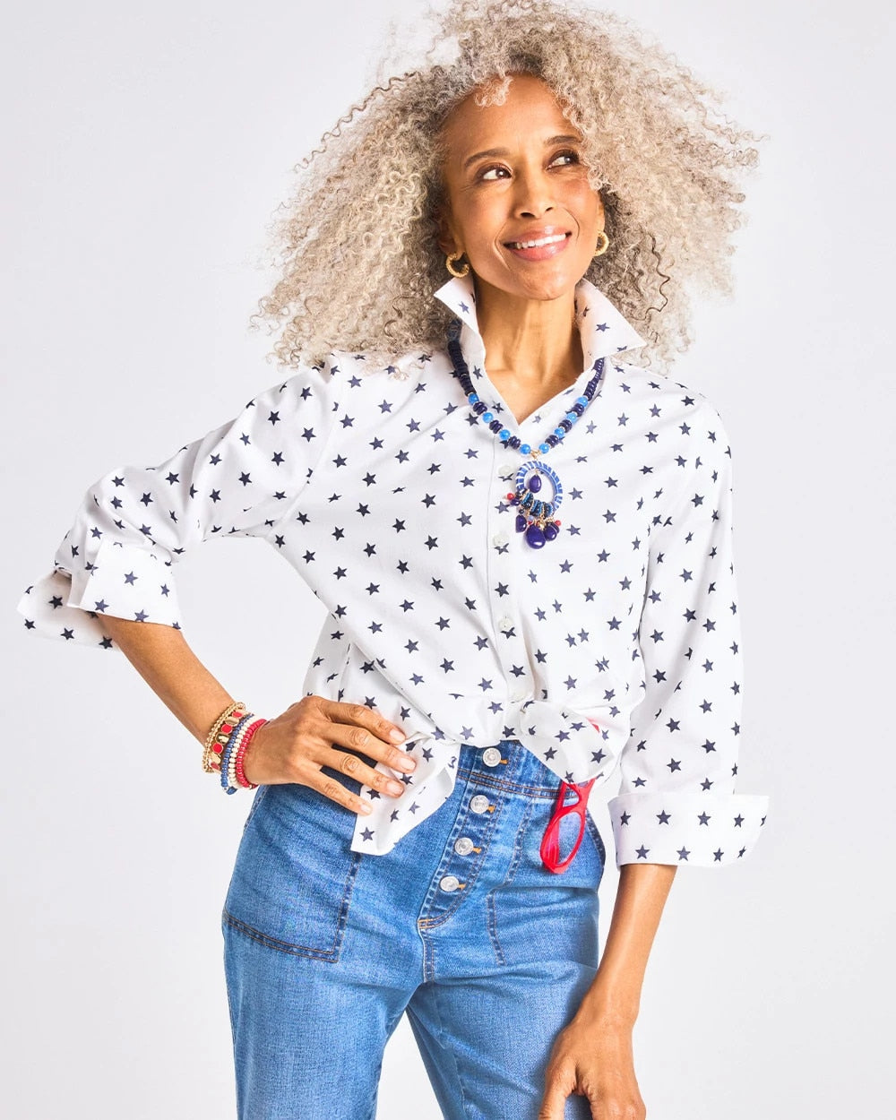 Chico's On Sale Passport Blue No Iron™ Stretch Jacquard Stars Shirt
