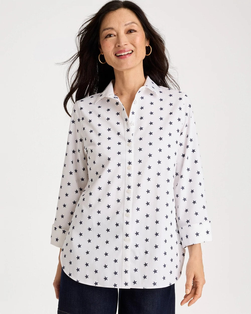 Chico's On Sale Passport Blue No Iron™ Stretch Jacquard Stars Shirt