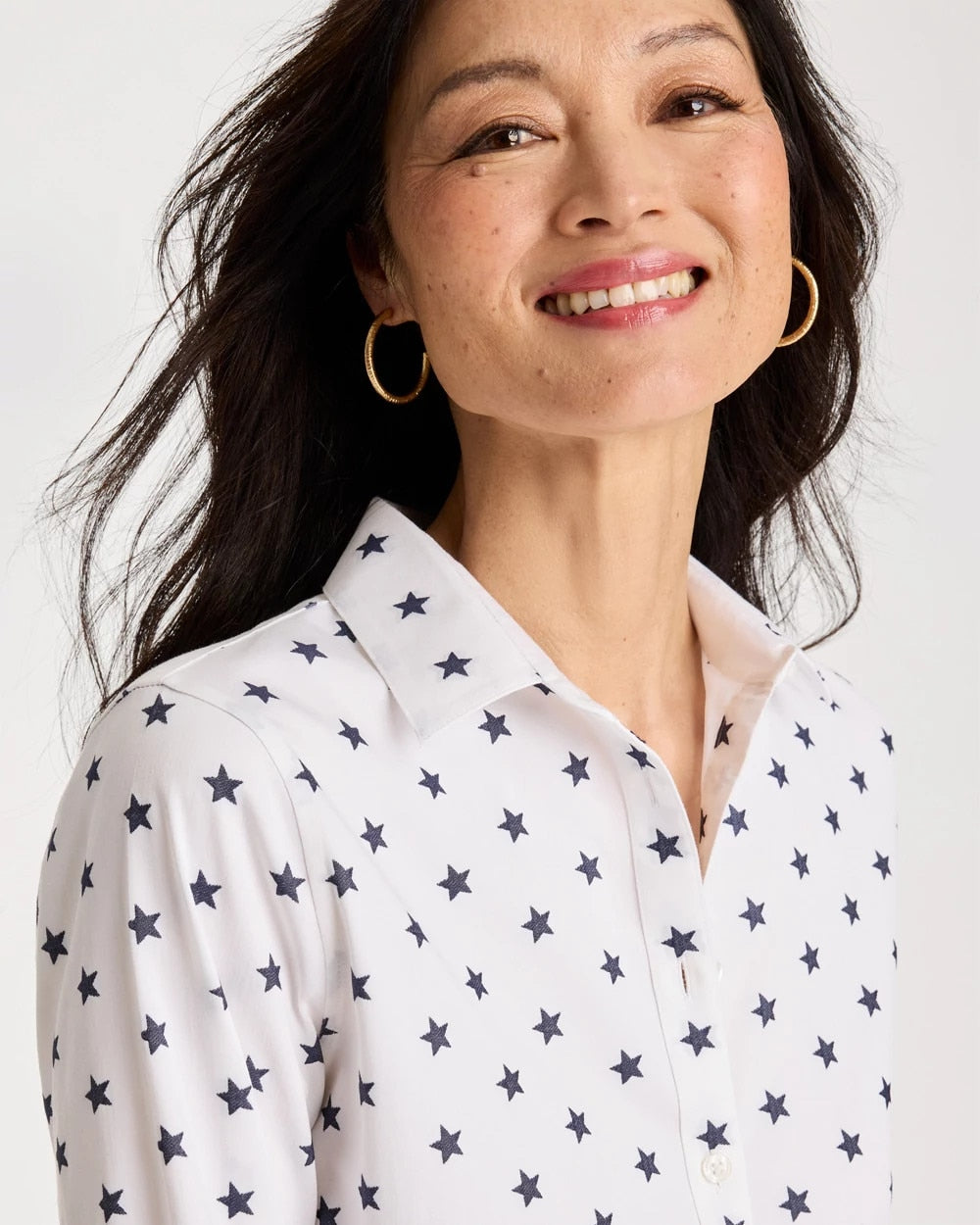 Chico's On Sale Passport Blue No Iron™ Stretch Jacquard Stars Shirt
