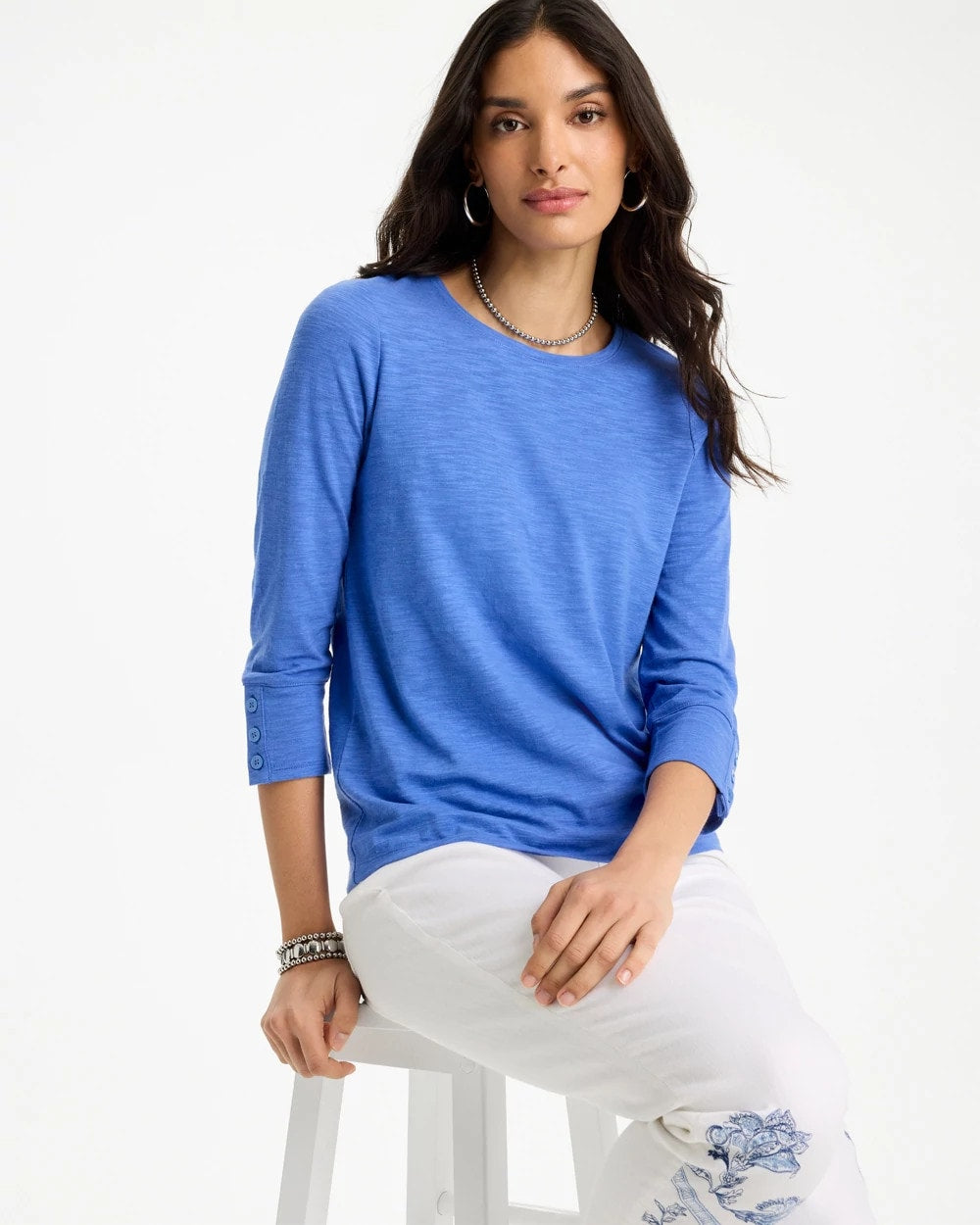 Chico's For Sale Amparo Blue Cotton Slub 3/4 Sleeve Button Tee