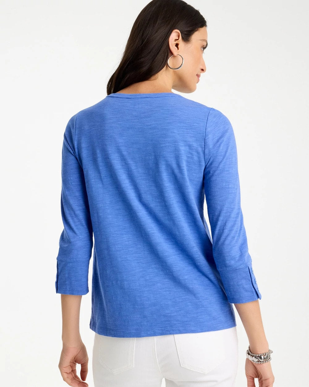 Chico's For Sale Amparo Blue Cotton Slub 3/4 Sleeve Button Tee