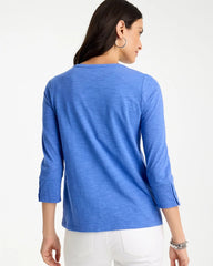 Chico's For Sale Amparo Blue Cotton Slub 3/4 Sleeve Button Tee