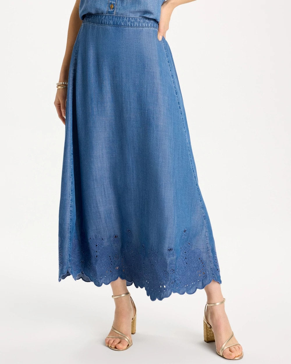 Chico's For Sale Pearl Indigo Indigo Twill Embroidered Hem Skirt