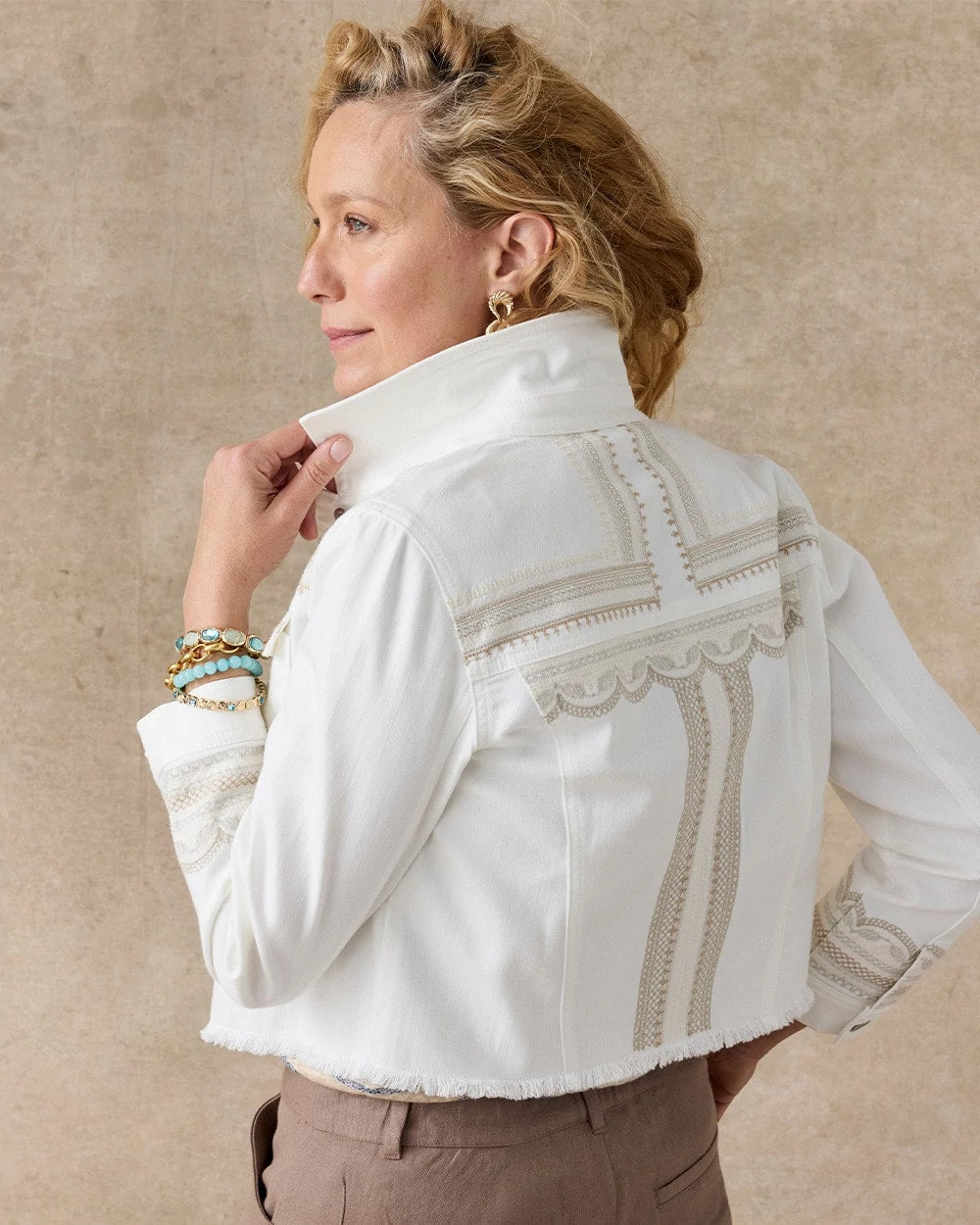 Chico's Online Alabaster Embroidered Cropped Denim Trucker Jacket