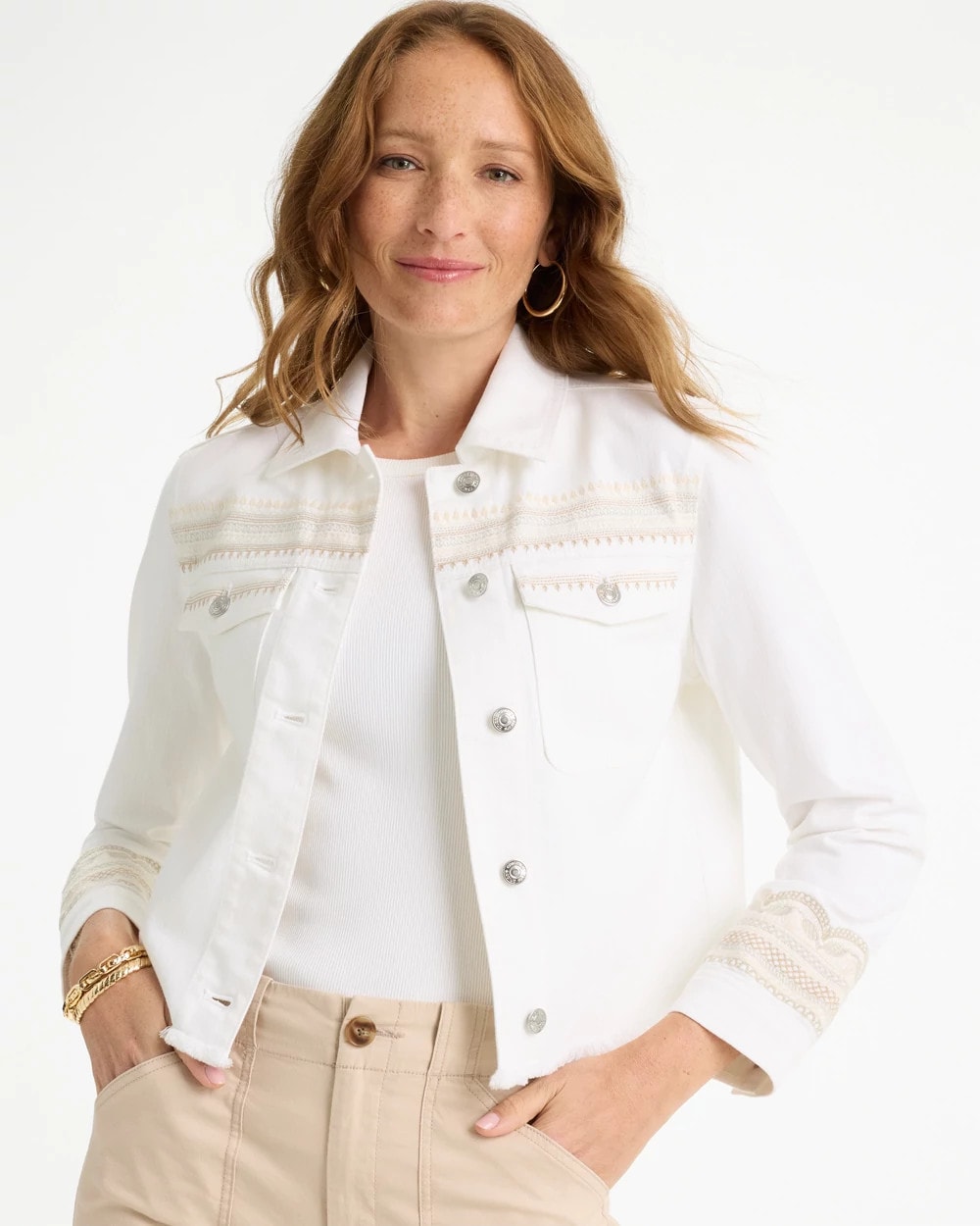 Chico's Online Alabaster Embroidered Cropped Denim Trucker Jacket